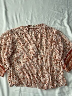 lovestitch Pink Floral Wrap-Style Blouse with Rust Accents